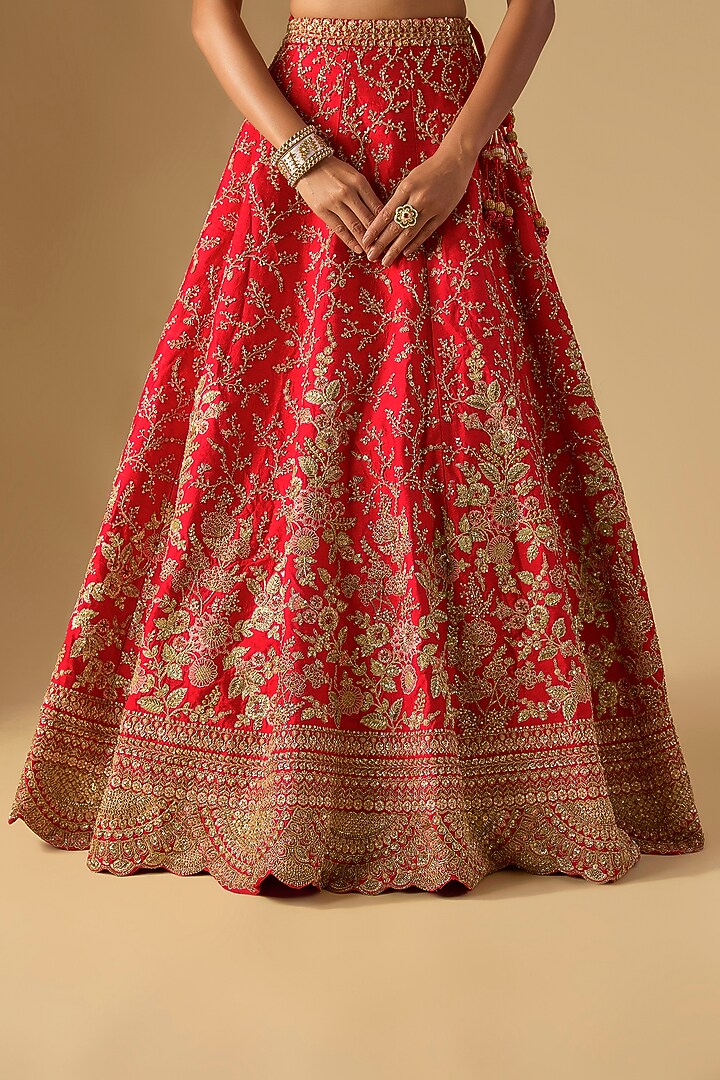 Red Raw Silk Zardosi Embellished Bridal Lehenga Set by Kalighata at Pernia's Pop Up Shop