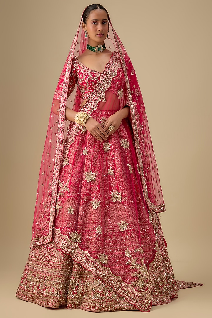Rani Pink Raw Silk Hand & Machine Embroidered Bridal Lehenga Set by Kalighata at Pernia's Pop Up Shop