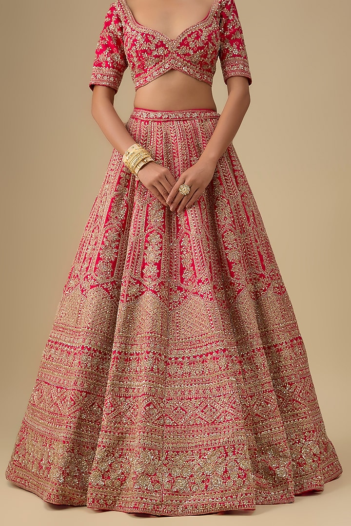 Rani Pink Raw Silk Hand & Machine Embroidered Bridal Lehenga Set by Kalighata at Pernia's Pop Up Shop