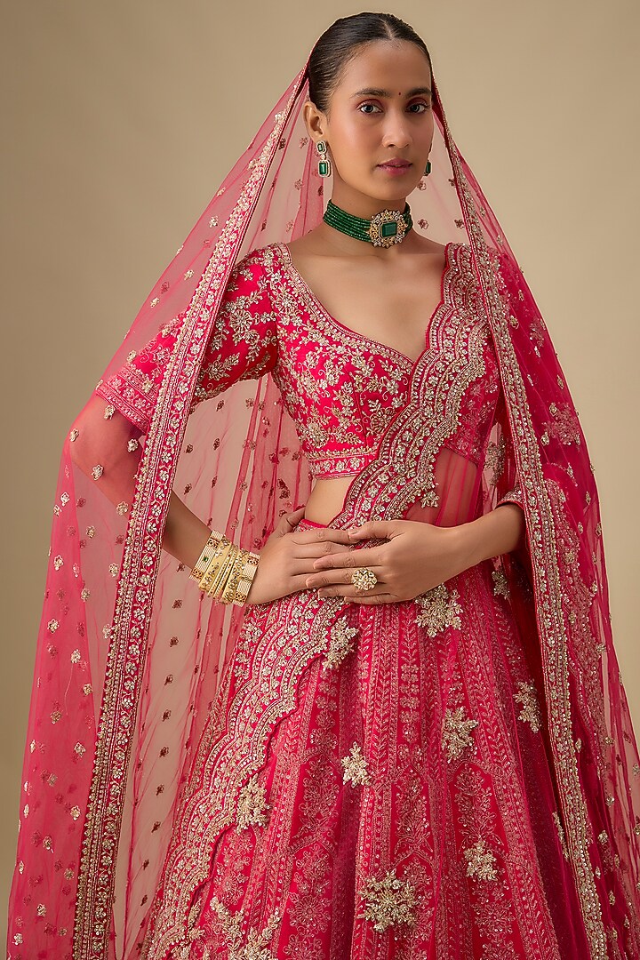 Rani Pink Raw Silk Hand & Machine Embroidered Bridal Lehenga Set by Kalighata at Pernia's Pop Up Shop