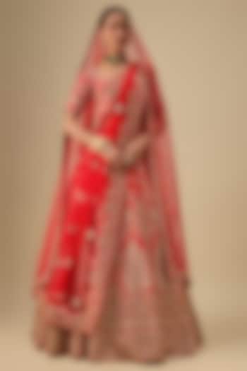Red Raw Silk Zardosi Embroidered Bridal Lehenga Set by Kalighata at Pernia's Pop Up Shop