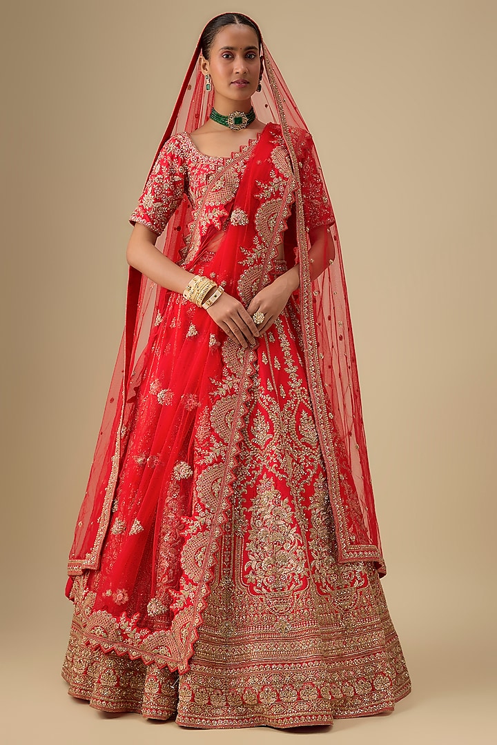 Red Raw Silk Zardosi Embroidered Bridal Lehenga Set by Kalighata at Pernia's Pop Up Shop