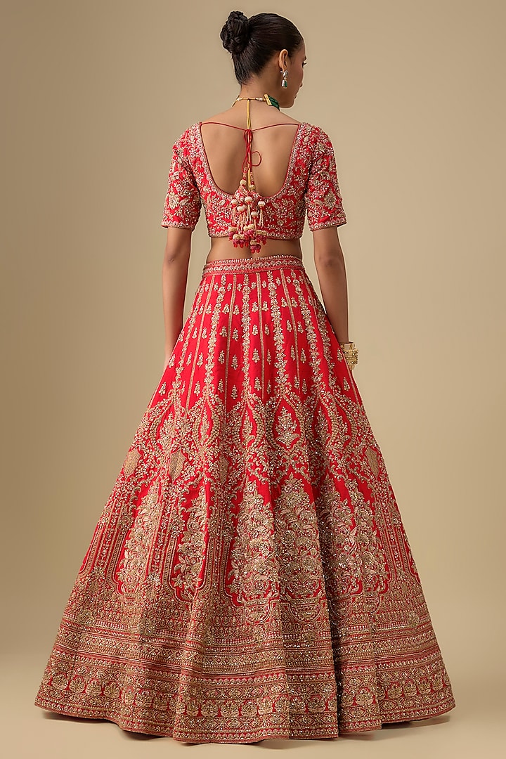 Red Raw Silk Zardosi Embroidered Bridal Lehenga Set by Kalighata at Pernia's Pop Up Shop