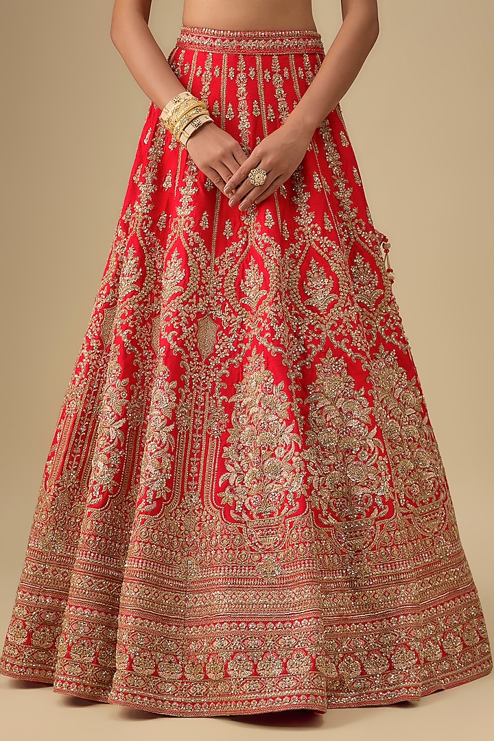 Red Raw Silk Zardosi Embroidered Bridal Lehenga Set by Kalighata at Pernia's Pop Up Shop