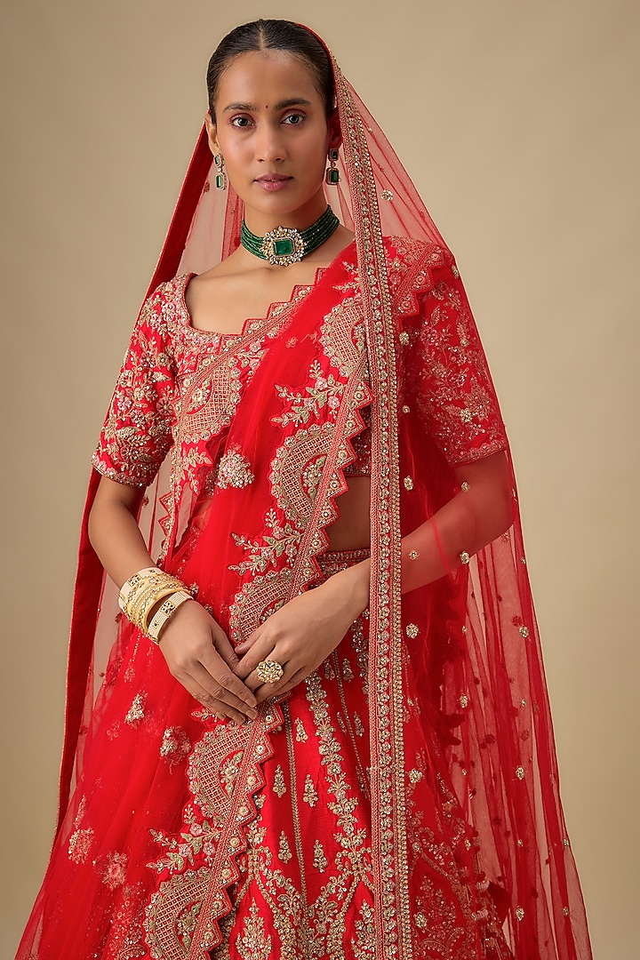 Red Raw Silk Zardosi Embroidered Bridal Lehenga Set by Kalighata at Pernia's Pop Up Shop