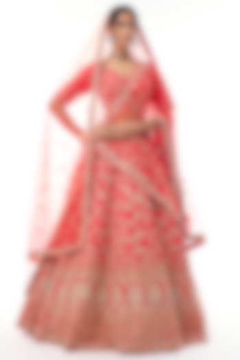 Red Raw Silk Embroidered Bridal Lehenga Set by Kalighata at Pernia's Pop Up Shop