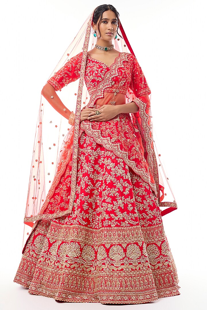 Red Raw Silk Embroidered Bridal Lehenga Set by Kalighata at Pernia's Pop Up Shop
