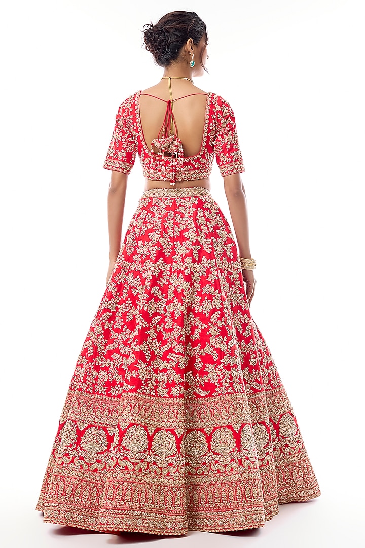 Red Raw Silk Embroidered Bridal Lehenga Set by Kalighata at Pernia's Pop Up Shop
