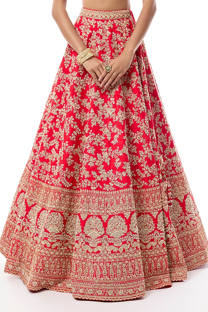 Red Raw Silk Embroidered Bridal Lehenga Set by Kalighata at Pernia's Pop Up Shop