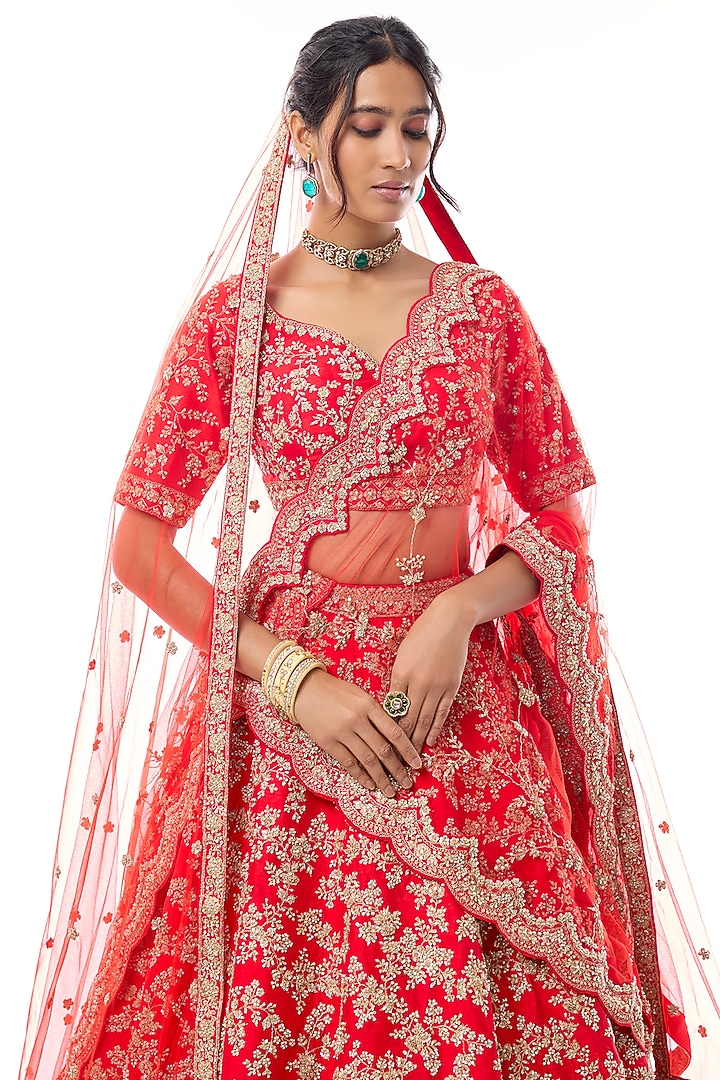Red Raw Silk Embroidered Bridal Lehenga Set by Kalighata at Pernia's Pop Up Shop