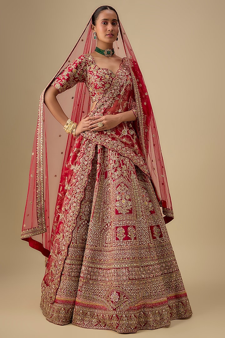 Maroon Raw Silk Zardosi Embroidered Bridal Lehenga Set by Kalighata at Pernia's Pop Up Shop