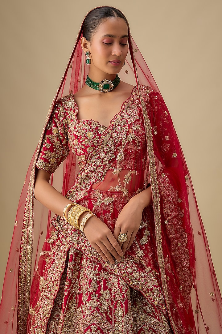 Maroon Raw Silk Zardosi Embroidered Bridal Lehenga Set by Kalighata at Pernia's Pop Up Shop