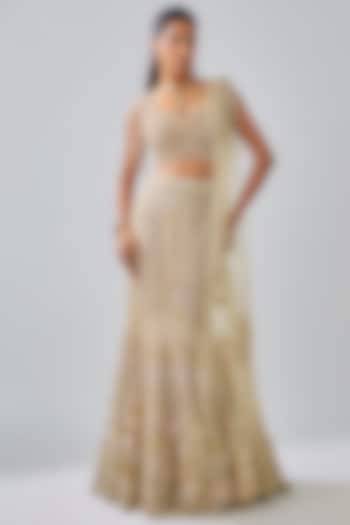Gold Tissue Organza Brocade Zardosi Embroidered Bridal Lehenga Set by Kalighata at Pernia's Pop Up Shop