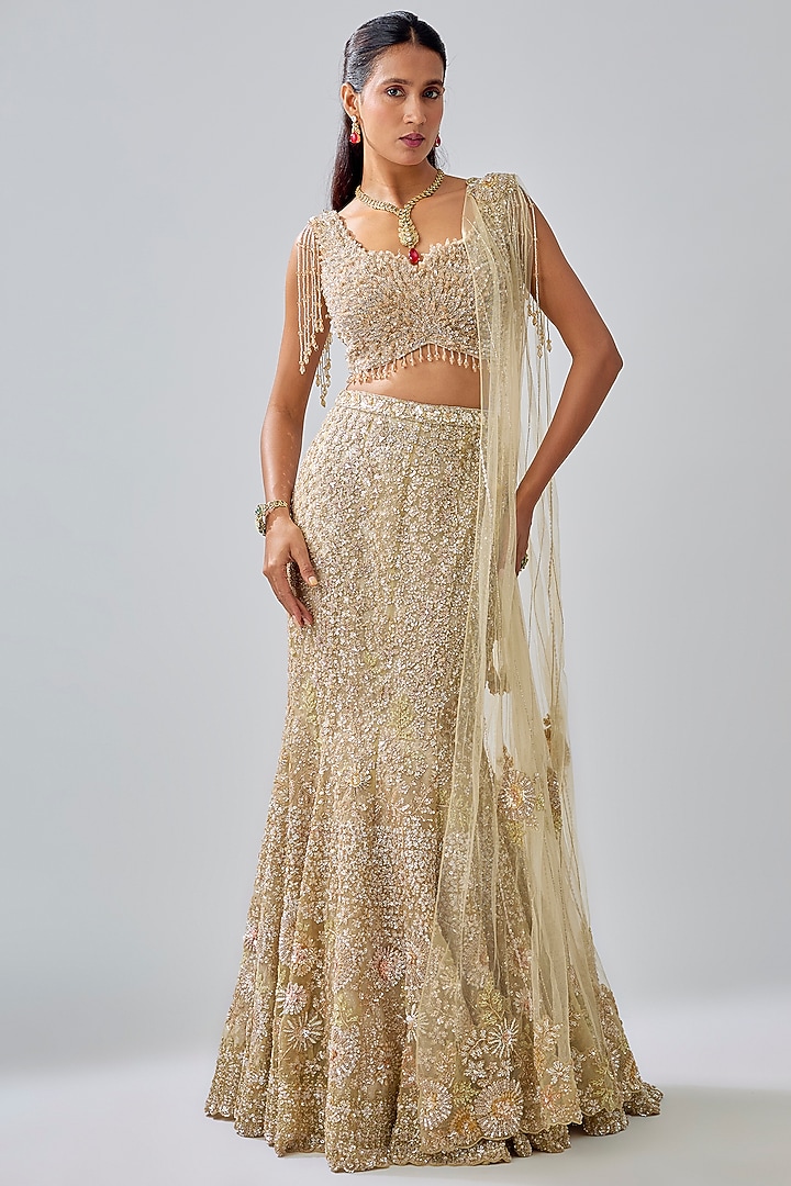 Gold Tissue Organza Brocade Zardosi Embroidered Bridal Lehenga Set by Kalighata at Pernia's Pop Up Shop