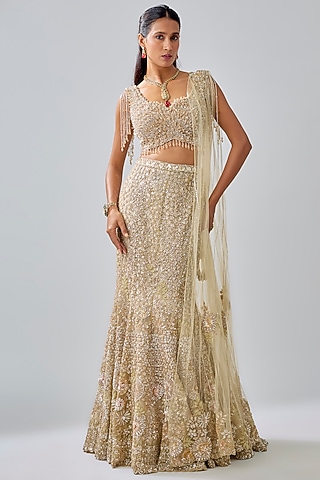 Gold Tissue Organza Brocade Zardosi Embroidered Lehenga Set by Kalighata