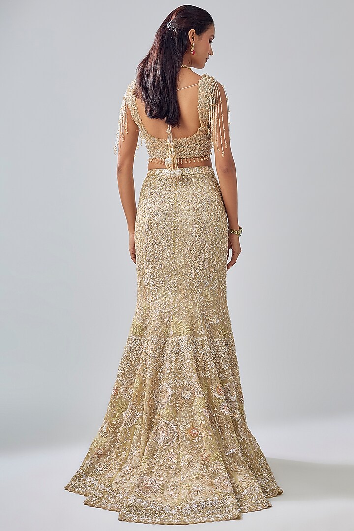 Gold Tissue Organza Brocade Zardosi Embroidered Bridal Lehenga Set by Kalighata at Pernia's Pop Up Shop