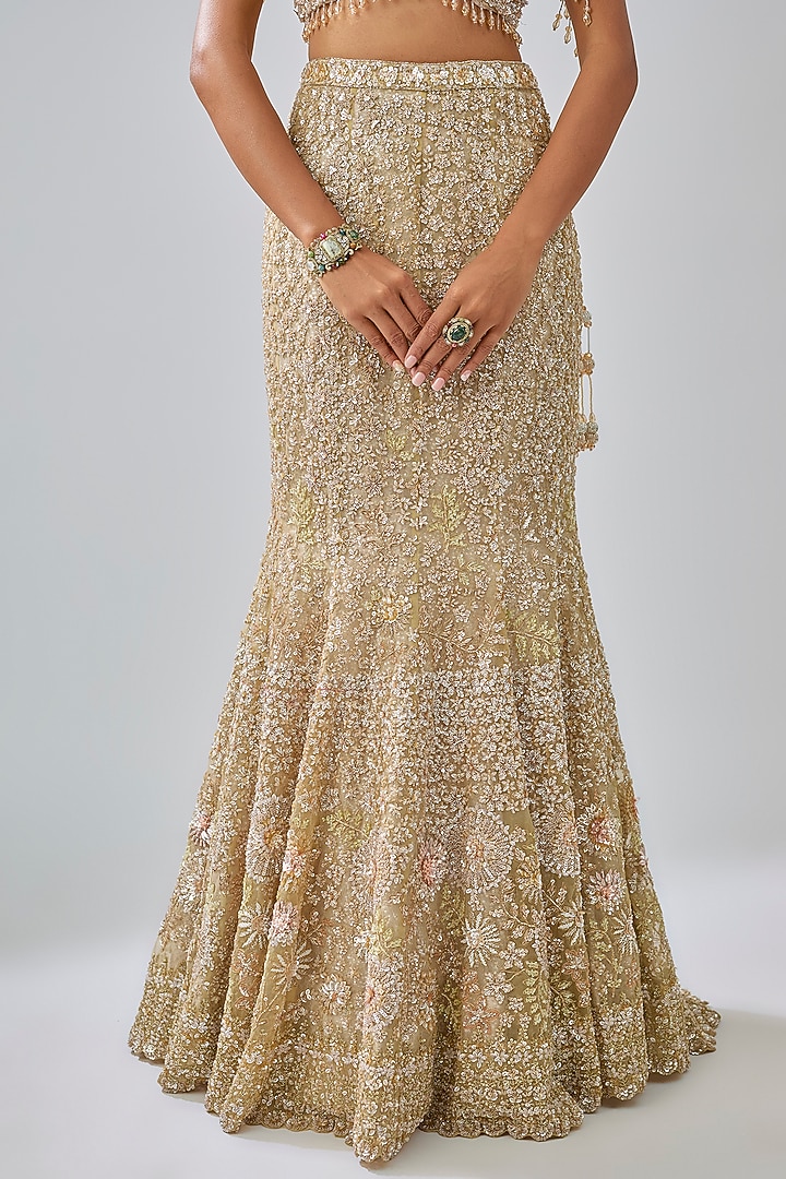 Gold Tissue Organza Brocade Zardosi Embroidered Bridal Lehenga Set by Kalighata at Pernia's Pop Up Shop