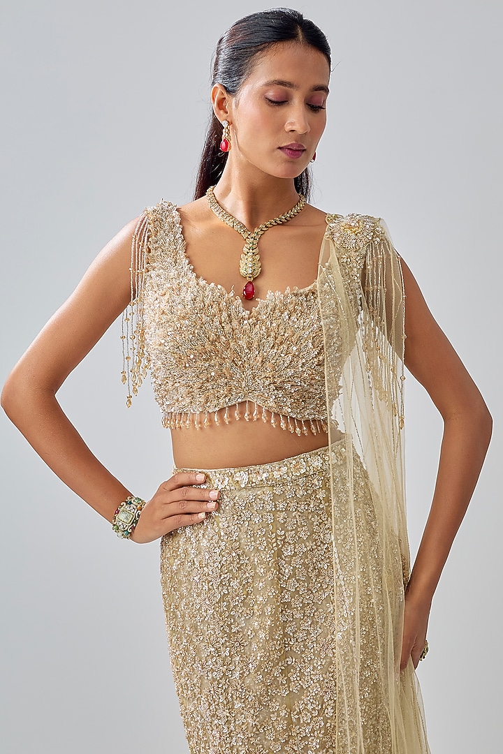 Gold Tissue Organza Brocade Zardosi Embroidered Bridal Lehenga Set by Kalighata at Pernia's Pop Up Shop