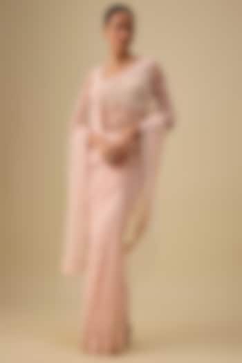 Pink Net Hand & Machine Embroidered Reception Saree Set by Kalighata at Pernia's Pop Up Shop
