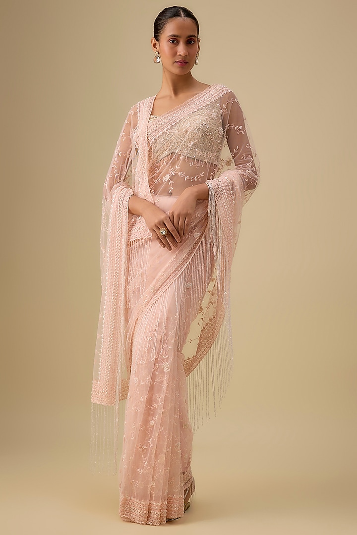 Pink Net Hand & Machine Embroidered Reception Saree Set by Kalighata at Pernia's Pop Up Shop