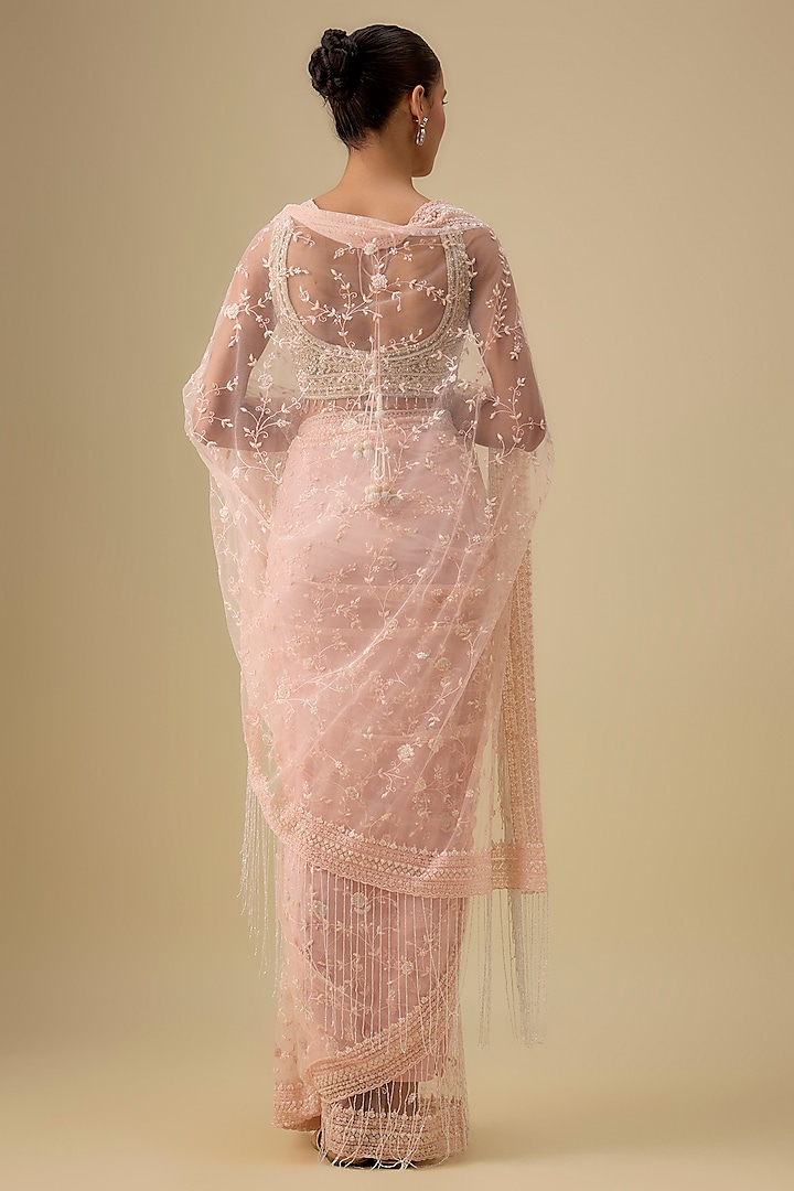 Pink Net Hand & Machine Embroidered Reception Saree Set by Kalighata at Pernia's Pop Up Shop