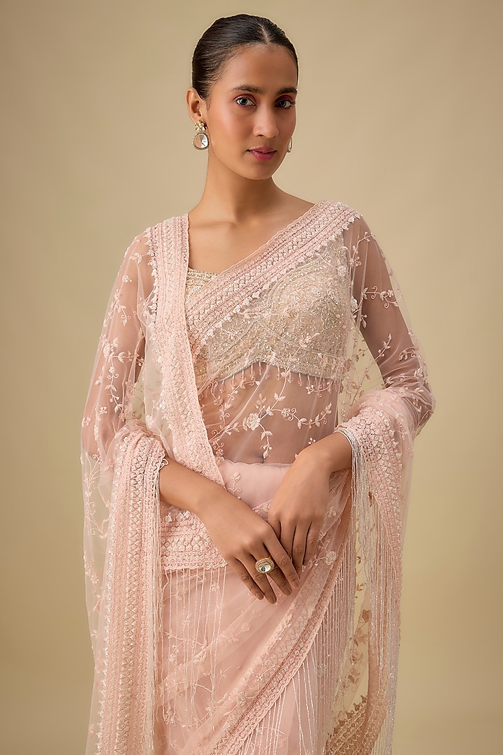 Pink Net Hand & Machine Embroidered Reception Saree Set by Kalighata at Pernia's Pop Up Shop