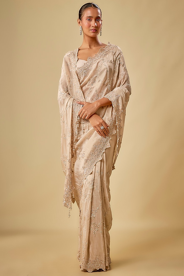 Gold Tissue Hand & Machine Embroidered Reception Saree Set by Kalighata at Pernia's Pop Up Shop