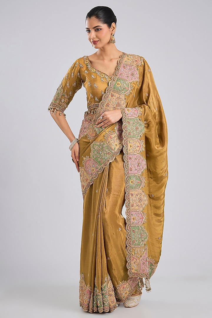 Gold Tissue Bridal Saree Set by Kalighata at Pernia's Pop Up Shop