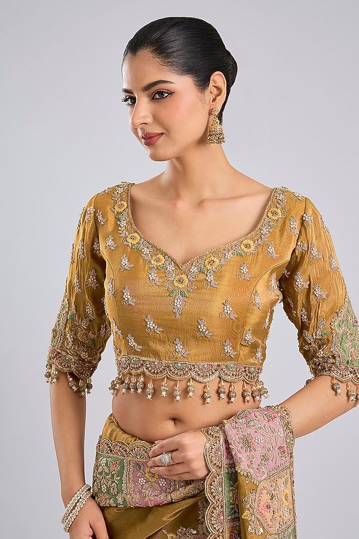 Gold Tissue Bridal Saree Set by Kalighata at Pernia's Pop Up Shop