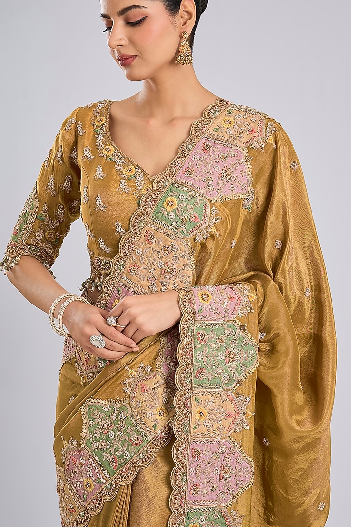 Gold Tissue Bridal Saree Set by Kalighata at Pernia's Pop Up Shop