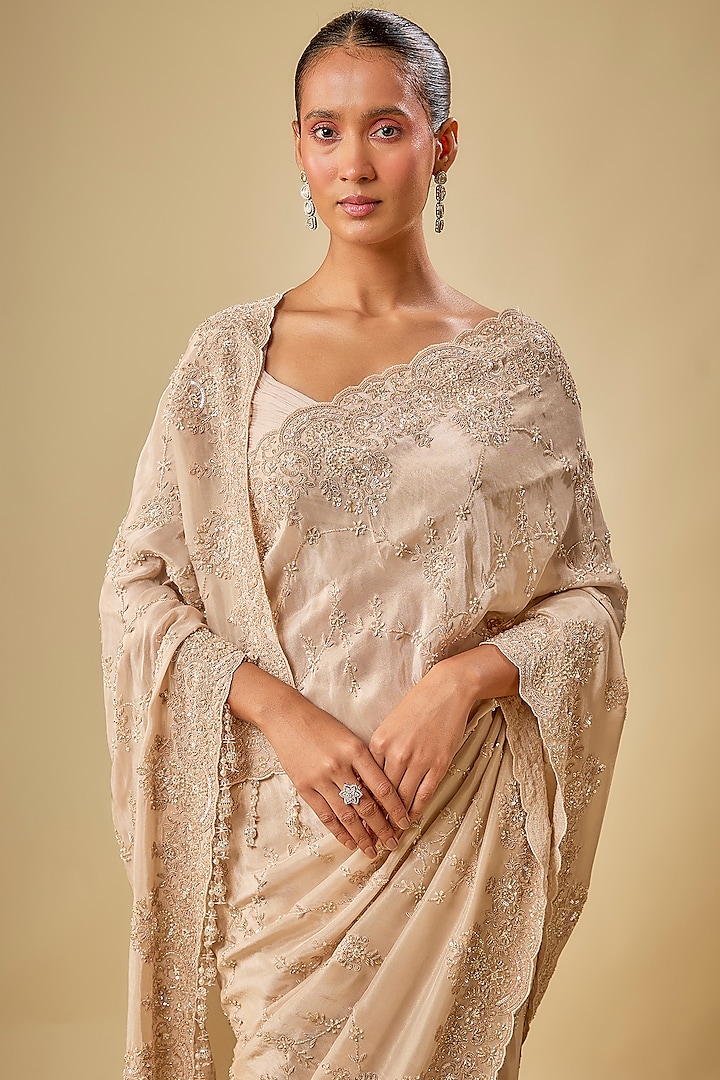 Gold Tissue Hand & Machine Embroidered Reception Saree Set by Kalighata at Pernia's Pop Up Shop