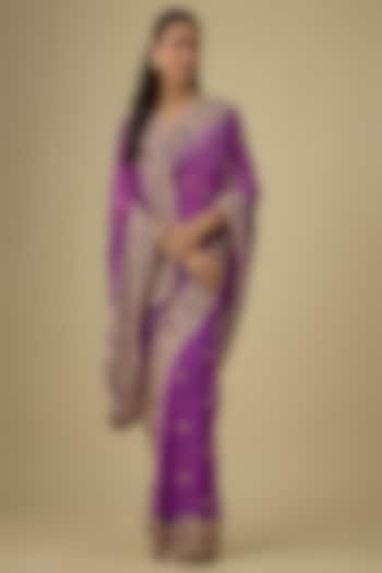 Purple Tissue Hand & Machine Embroidered Reception Saree Set by Kalighata at Pernia's Pop Up Shop