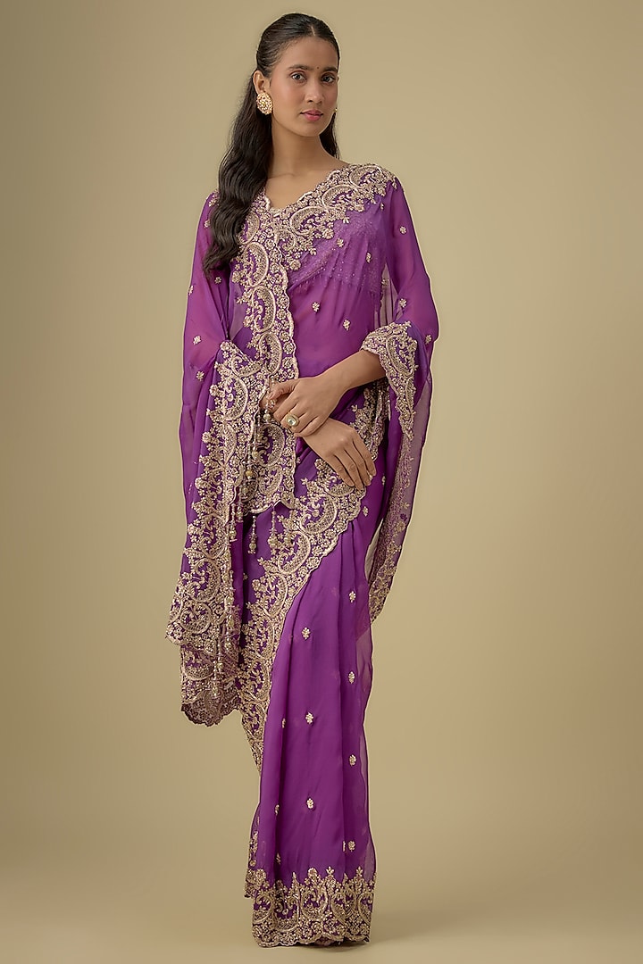 Purple Tissue Hand & Machine Embroidered Reception Saree Set by Kalighata at Pernia's Pop Up Shop