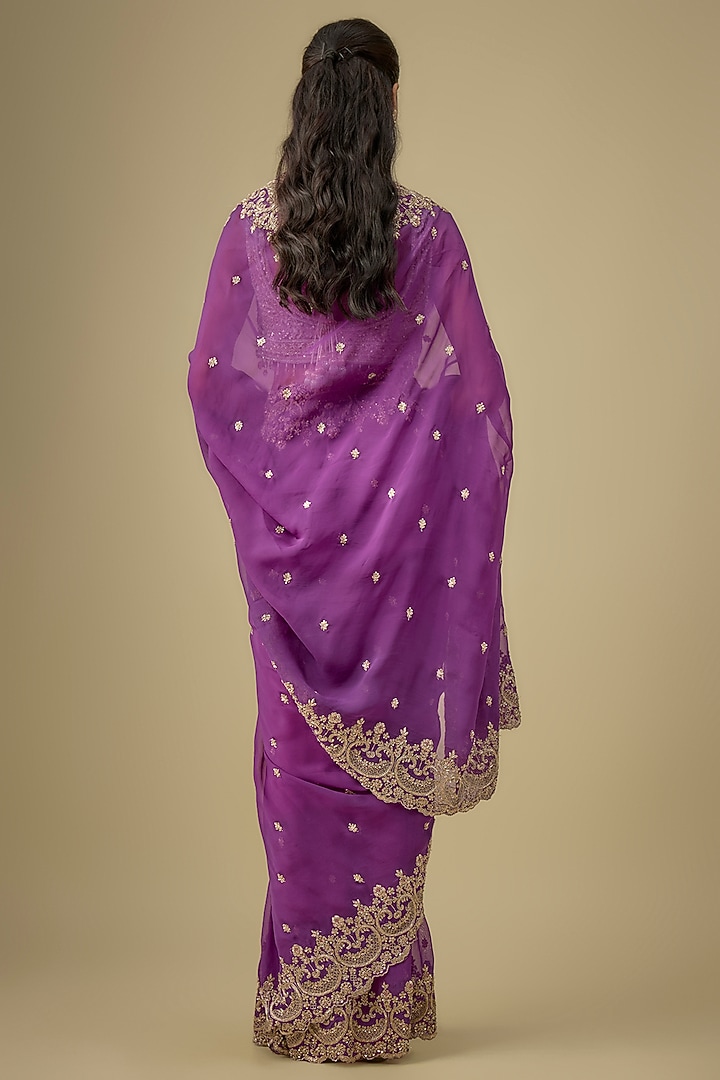 Purple Tissue Hand & Machine Embroidered Reception Saree Set by Kalighata at Pernia's Pop Up Shop