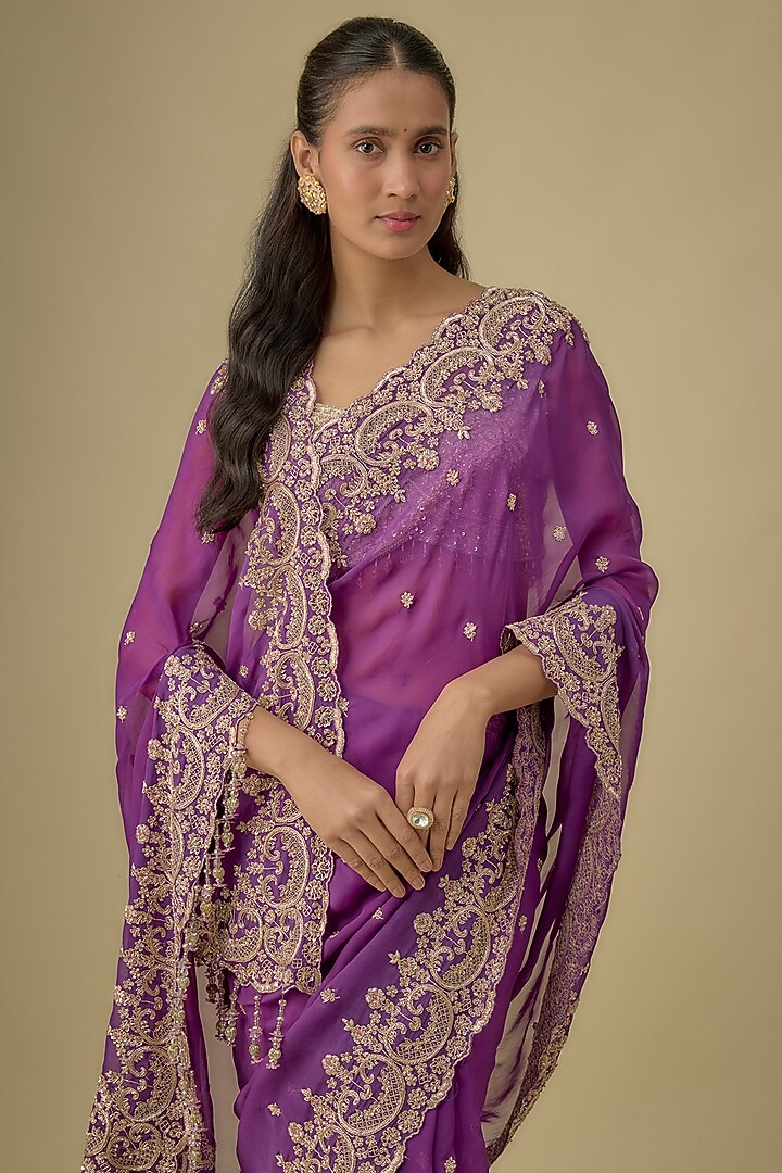 Purple Tissue Hand & Machine Embroidered Reception Saree Set by Kalighata at Pernia's Pop Up Shop