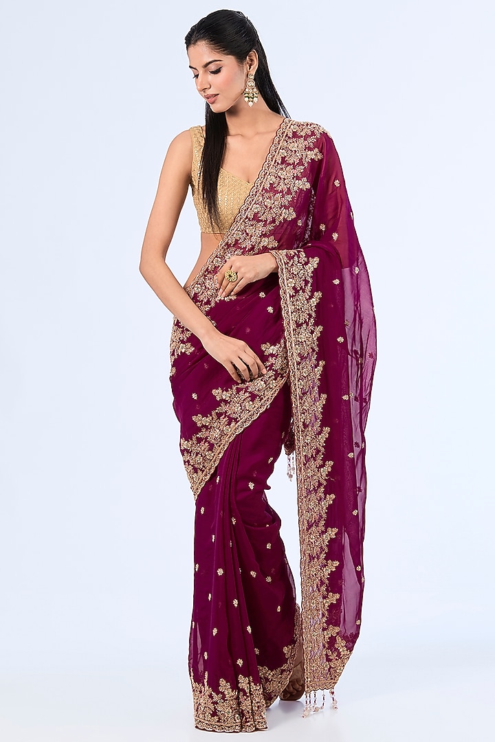 Wine Organza Hand & Machine Embroidered Reception Saree Set by Kalighata at Pernia's Pop Up Shop