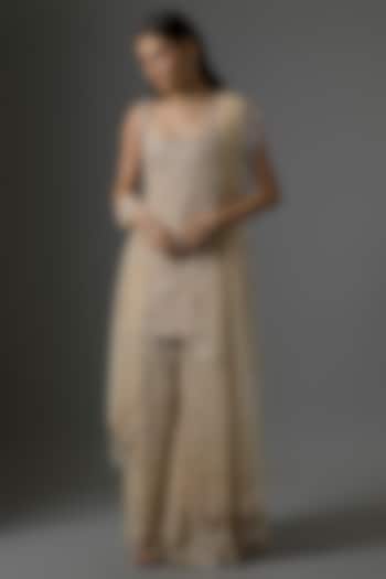 Beige Net Hand & Machine Embroidered Bridal Sharara Set by Kalighata at Pernia's Pop Up Shop