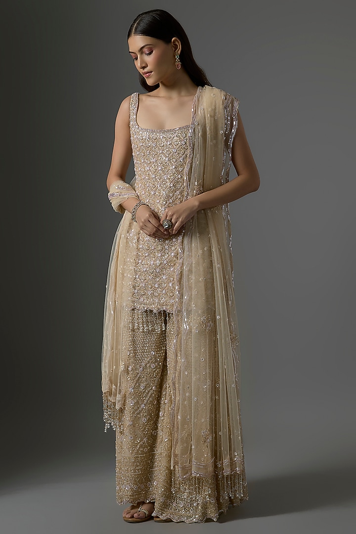 Beige Net Hand & Machine Embroidered Bridal Sharara Set by Kalighata at Pernia's Pop Up Shop