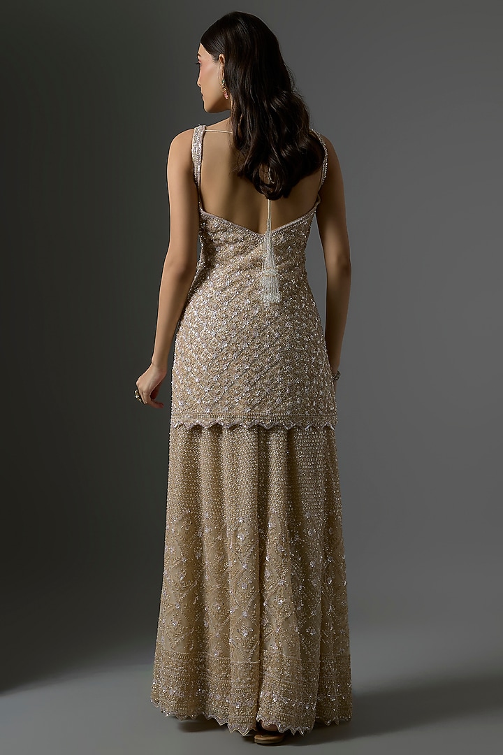 Beige Net Hand & Machine Embroidered Bridal Sharara Set by Kalighata at Pernia's Pop Up Shop