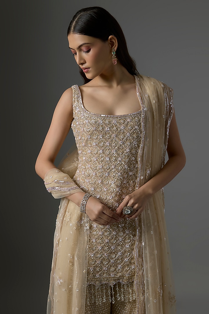 Beige Net Hand & Machine Embroidered Bridal Sharara Set by Kalighata at Pernia's Pop Up Shop