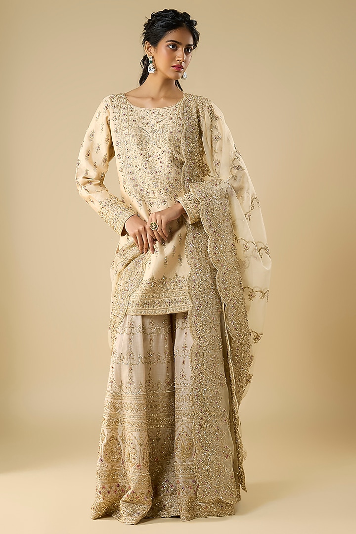 Beige Chanderi Silk Sequins Embellished Bridal Sharara Set by Kalighata at Pernia's Pop Up Shop