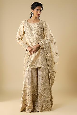 Beige Chanderi Silk Sequins Embellished Sharara Set by Kalighata