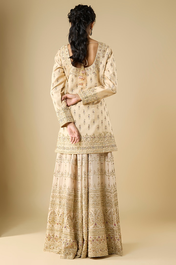 Beige Chanderi Silk Sequins Embellished Bridal Sharara Set by Kalighata at Pernia's Pop Up Shop