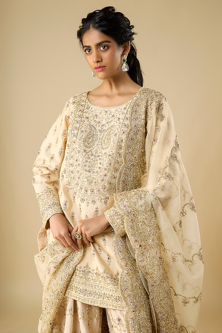 Beige Chanderi Silk Sequins Embellished Bridal Sharara Set by Kalighata at Pernia's Pop Up Shop