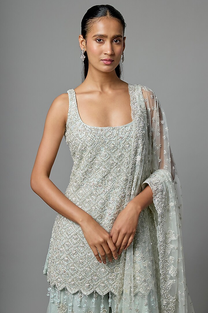Aqua Organza Embroidered Bridal Sharara Set by Kalighata at Pernia's Pop Up Shop