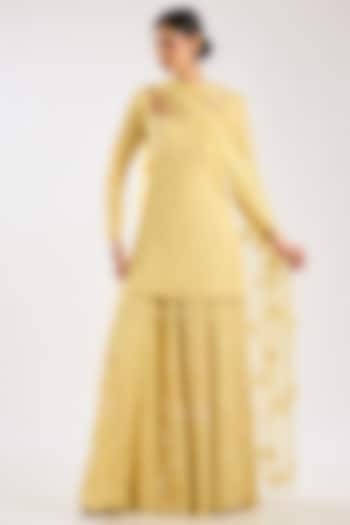 Yellow Net Hand & Machine Embroidered Bridal Sharara Set by Kalighata at Pernia's Pop Up Shop