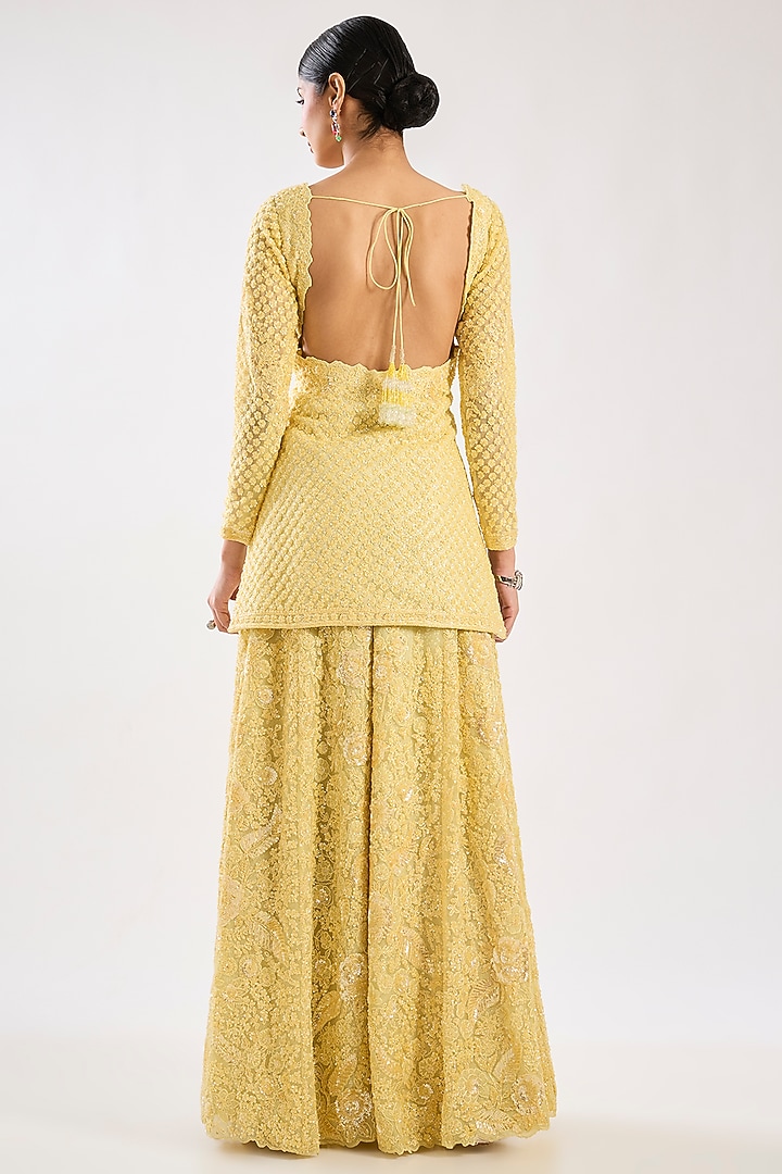 Yellow Net Hand & Machine Embroidered Bridal Sharara Set by Kalighata at Pernia's Pop Up Shop