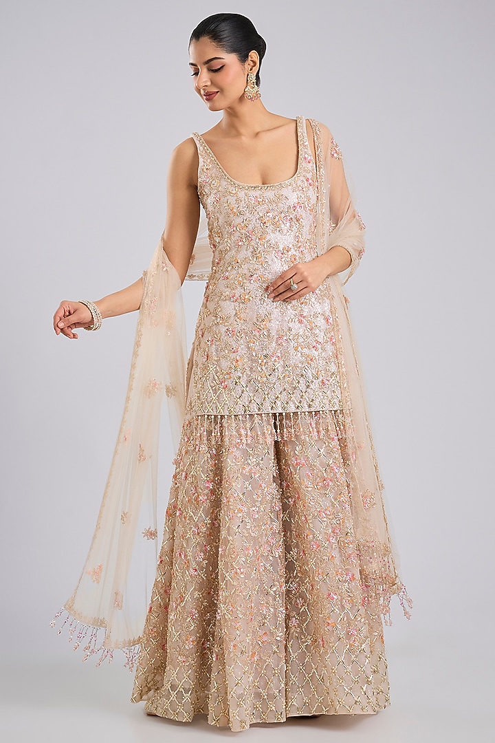Peach Silk Bridal Sharara Set by Kalighata at Pernia's Pop Up Shop