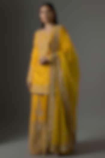 Mustard Chanderi Silk Sequins Embellished Bridal Sharara Set by Kalighata at Pernia's Pop Up Shop