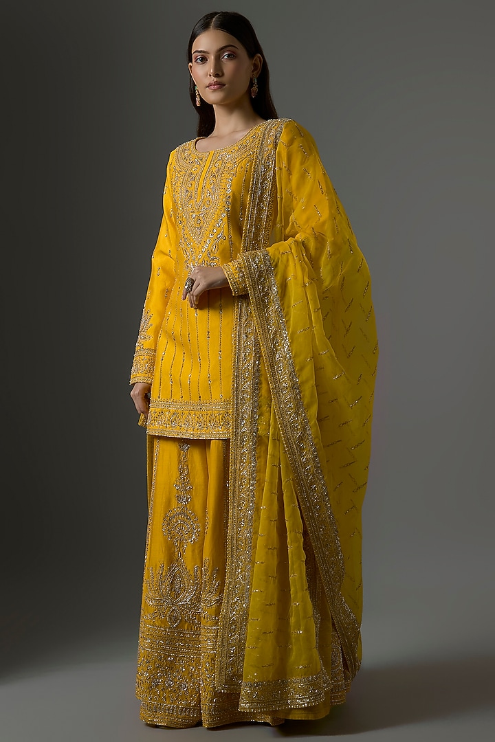 Mustard Chanderi Silk Sequins Embellished Bridal Sharara Set by Kalighata at Pernia's Pop Up Shop